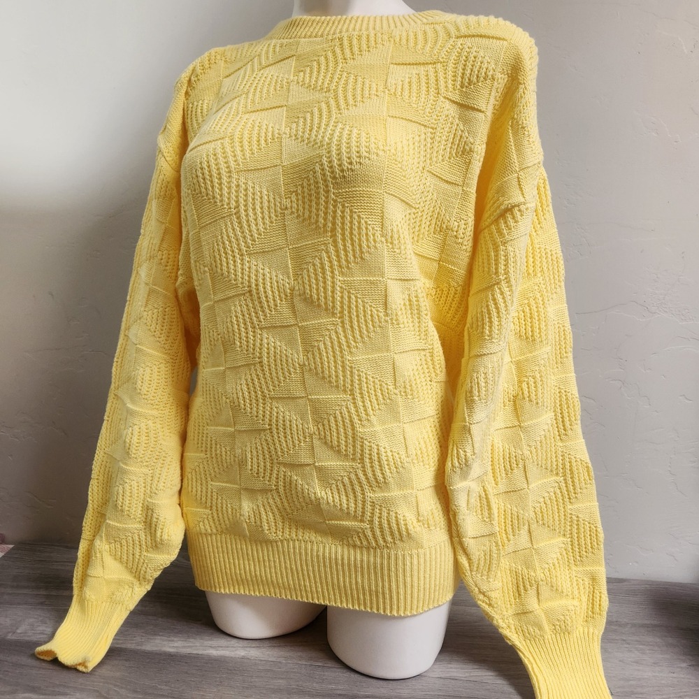Vintage Sardi Yellow Textured Knit Crewneck Sweater Pattern‎ Pullover USA Made